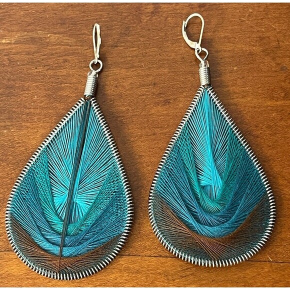 String Art Earrings Drop Pierced Teardrop Blue Brown Woven Retro Boho Hippie New - Picture 2 of 2